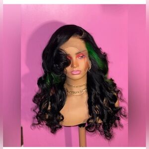 26 inch HD lace neon green skunk stripe frontal wig